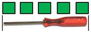 Five green square tiles used to measure the length of a screwdriver 